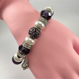 Cute Silver Tone Snake Chain Purple Faux Pearl Rhinestone Charm Bracelet